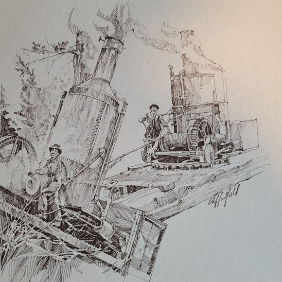 Logging Scene Steam Donkey Print Monochrome Sketch Print Clif Hadfield 1978 - Picture 2 of 5